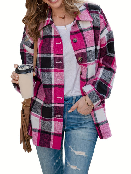 Women's Fall Color Block Plaid Flannel Shacket Jacket Button Down Shirt Coat Tops MyFave Boutique