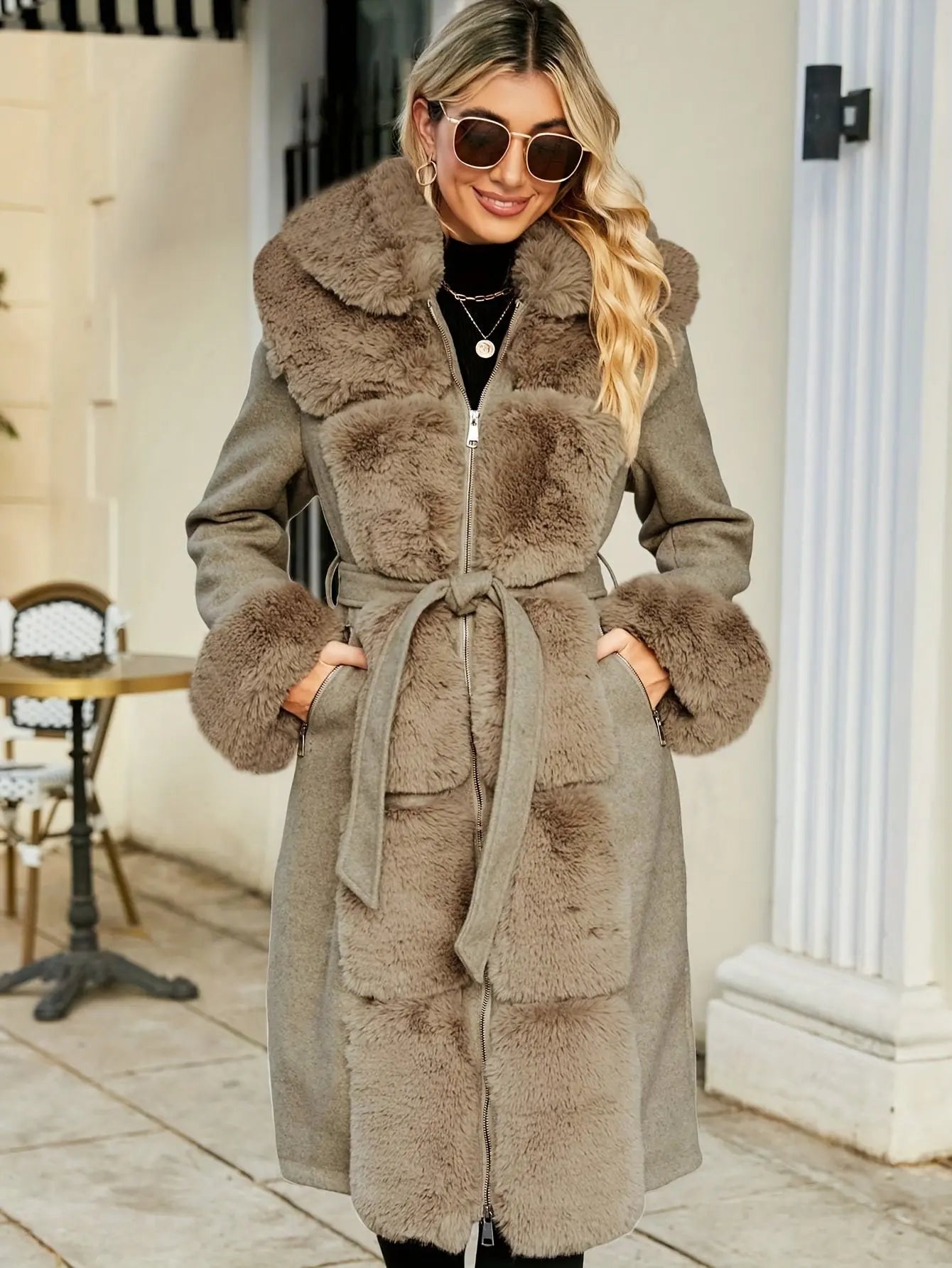 Zip-up Faux Trim Longline Coat, Elegant Long Sleeve Belted Warm Coat For Winter, Women's Clothing MyFave Boutique