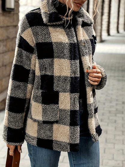 Plaid Pattern Button Fuzzy Lapel Coat, Elegant Thermal Long Sleeve Coat For Fall & Winter, Women's Clothing MyFave Boutique