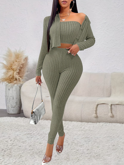 Ribbed Casual Three-piece Set, Button Front Long Sleeve Cardigan & Sleeveless Crop Top & Slim Pants Outfits, Women's Clothing MyFave Boutique