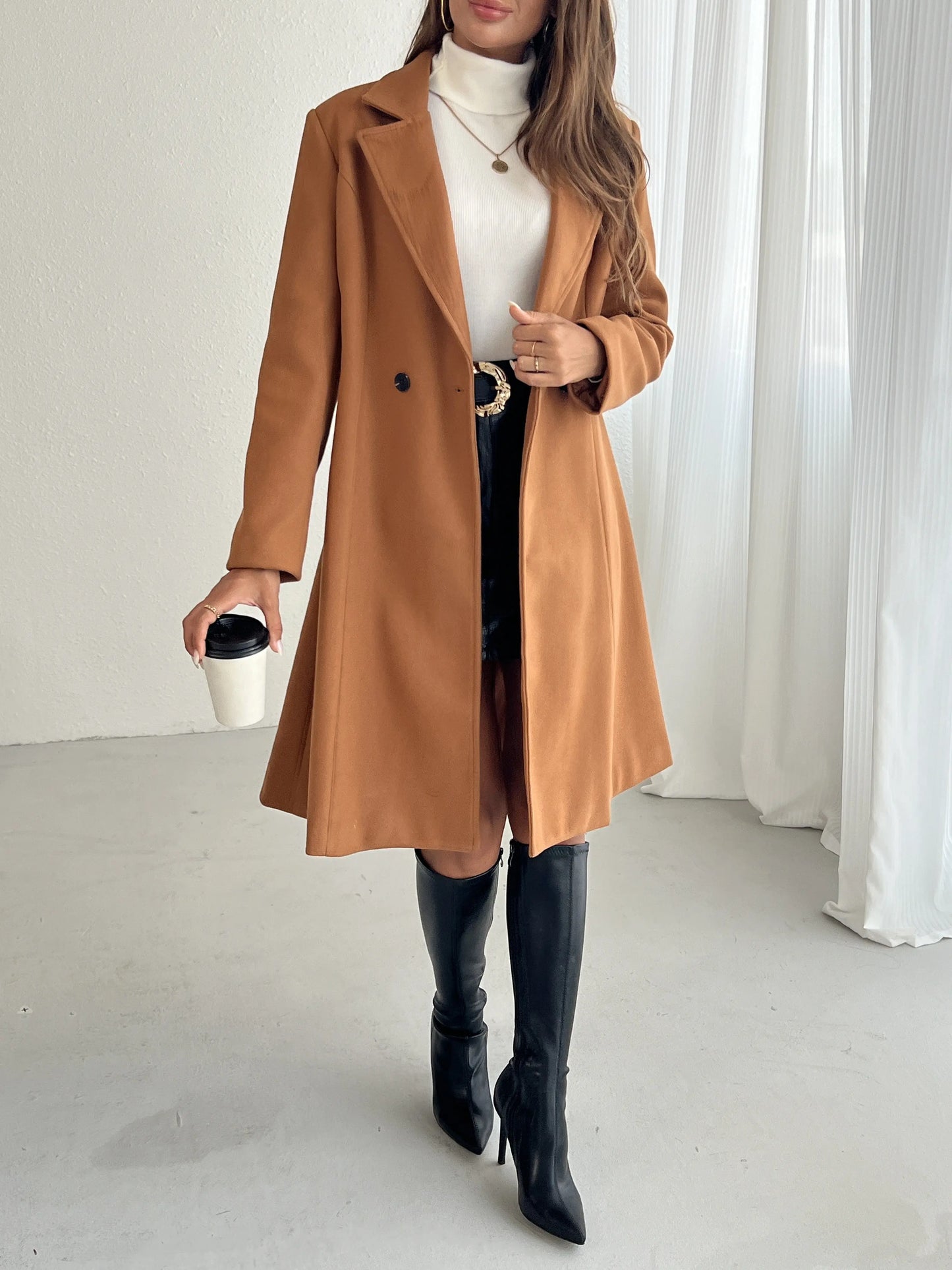 Double-breasted Lapel A-line Coat, Elegant Solid Long Sleeve Longline Coat For Fall & Winter, Women's Clothing MyFave Boutique