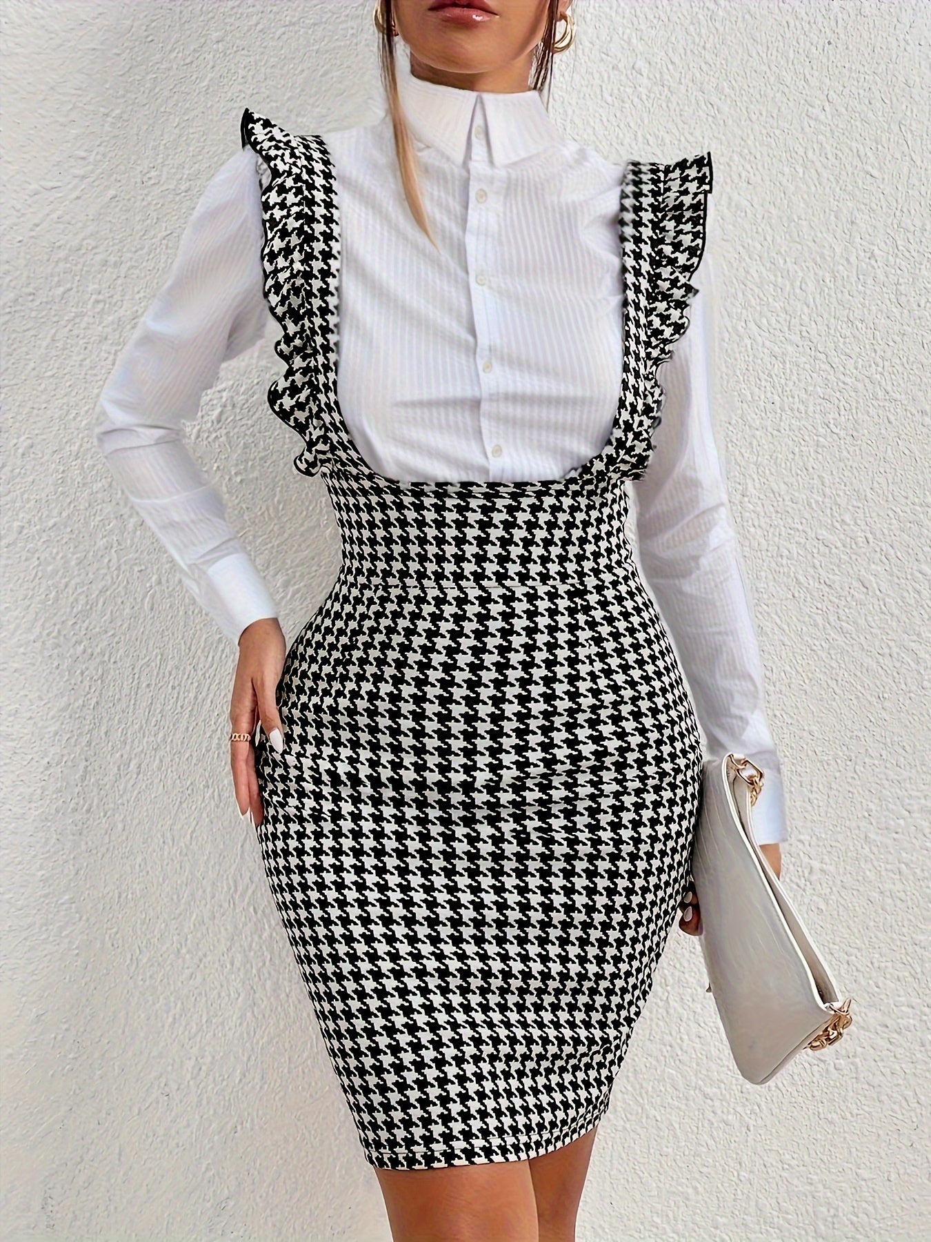 Houndstooth Print Strap Pencil Skirt, Elegant High Waist Ruffle Trim Overall Skirt For Spring & Summer, Women's Clothing MyFave Boutique