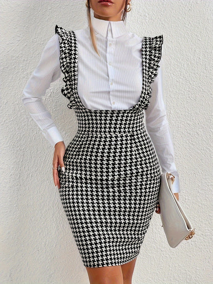 Houndstooth Print Strap Pencil Skirt, Elegant High Waist Ruffle Trim Overall Skirt For Spring & Summer, Women's Clothing MyFave Boutique