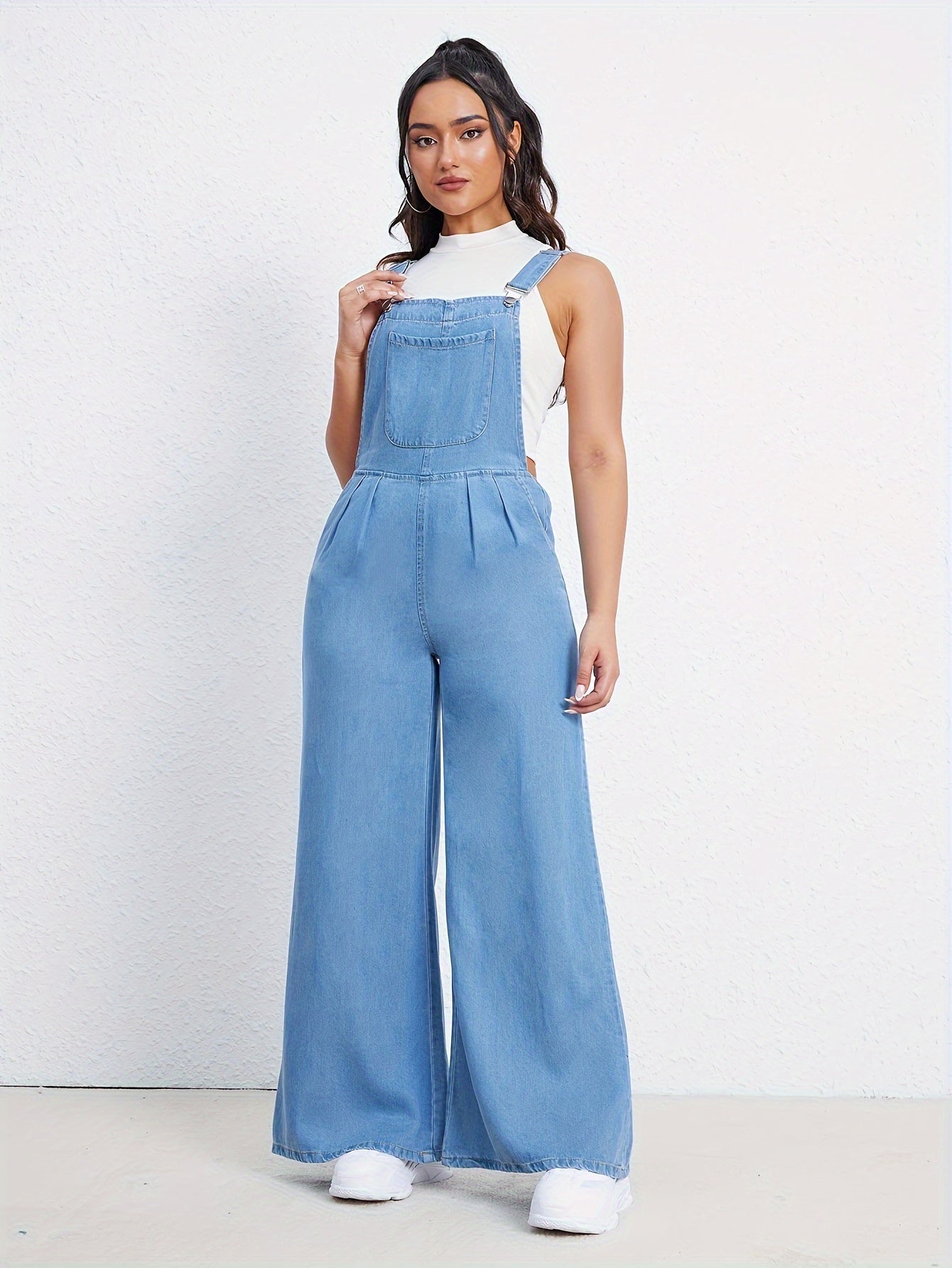 Women's Plain Washed Blue Loose Fit Casual Style Denim Dungarees Sleeveless Jeans Overalls With Side Pockets MyFave Boutique