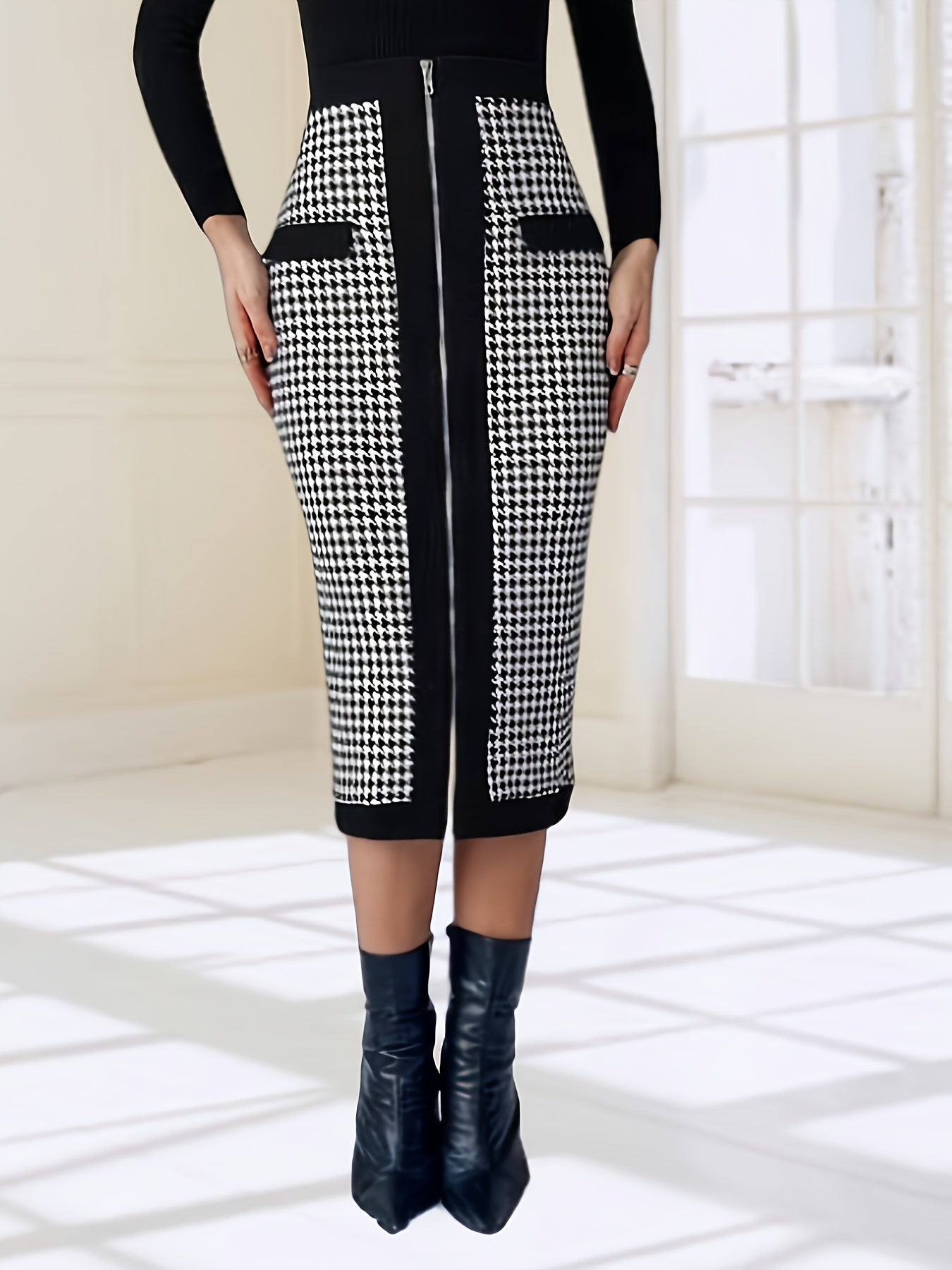 Elegant Houndstooth Print High Waist Midi Skirt - Flattering Bodycon Fit for Women's Fashion MyFave Boutique