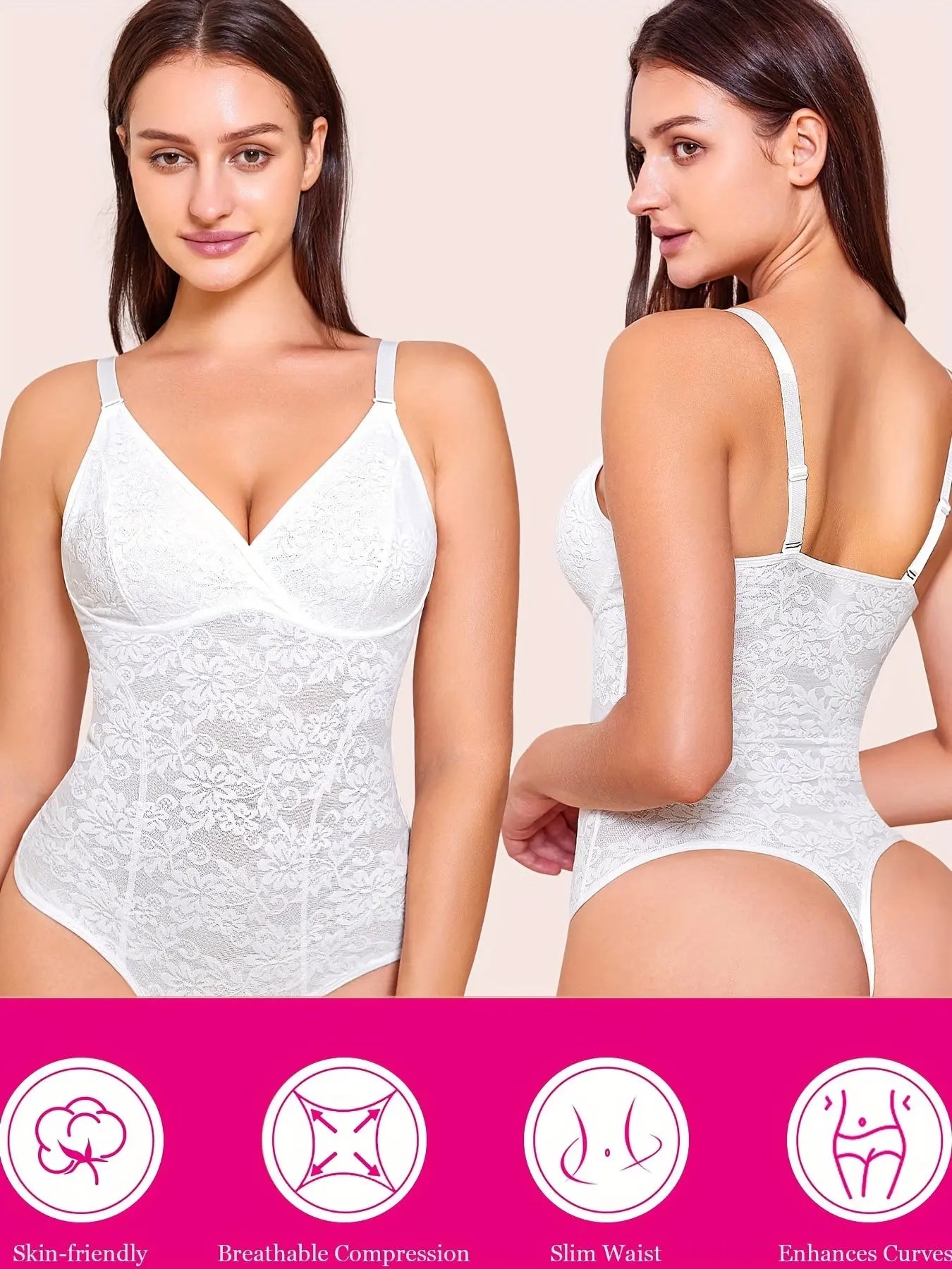 Women Tummy Control Lace Bodysuit V Neck Thong Body Shaper Fajas Shaping Slimming Camisole Bodysuit MyFave Boutique