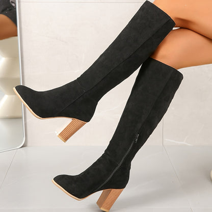 Women's Block Heeled Knee High Boots, Fashion Pointed Toe Side Zipper Long Boots, All-Match Stacked Heeled Boots MyFave Boutique