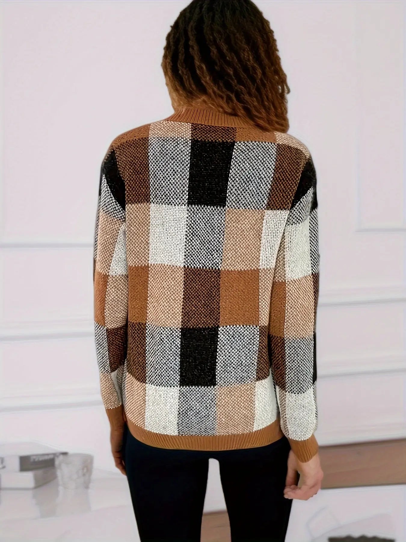 Knit Plaid Print Crew Neck Sweater, Casual Long Sleeve Sweater, Women's Clothing MyFave Boutique