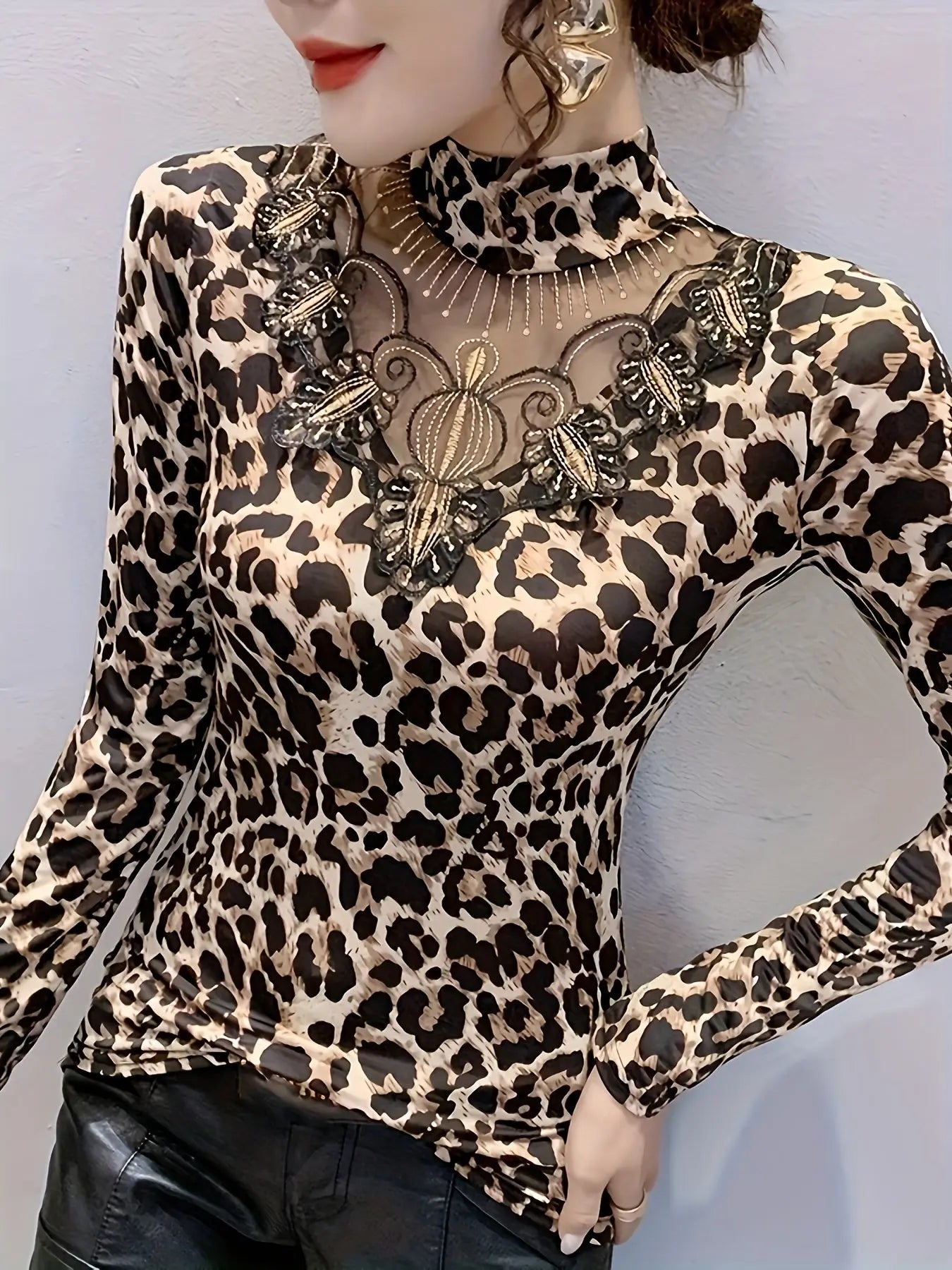 Leopard Print Illusion Neckline Long Sleeve T-Shirt for Women, Spring/Fall Fashion Mock Neck Top MyFave Boutique