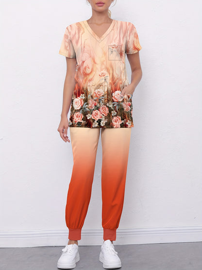 Floral Print V-Neck Scrub Top & Gradient Jogger Pants Set for Nurses and Women MyFave Boutique