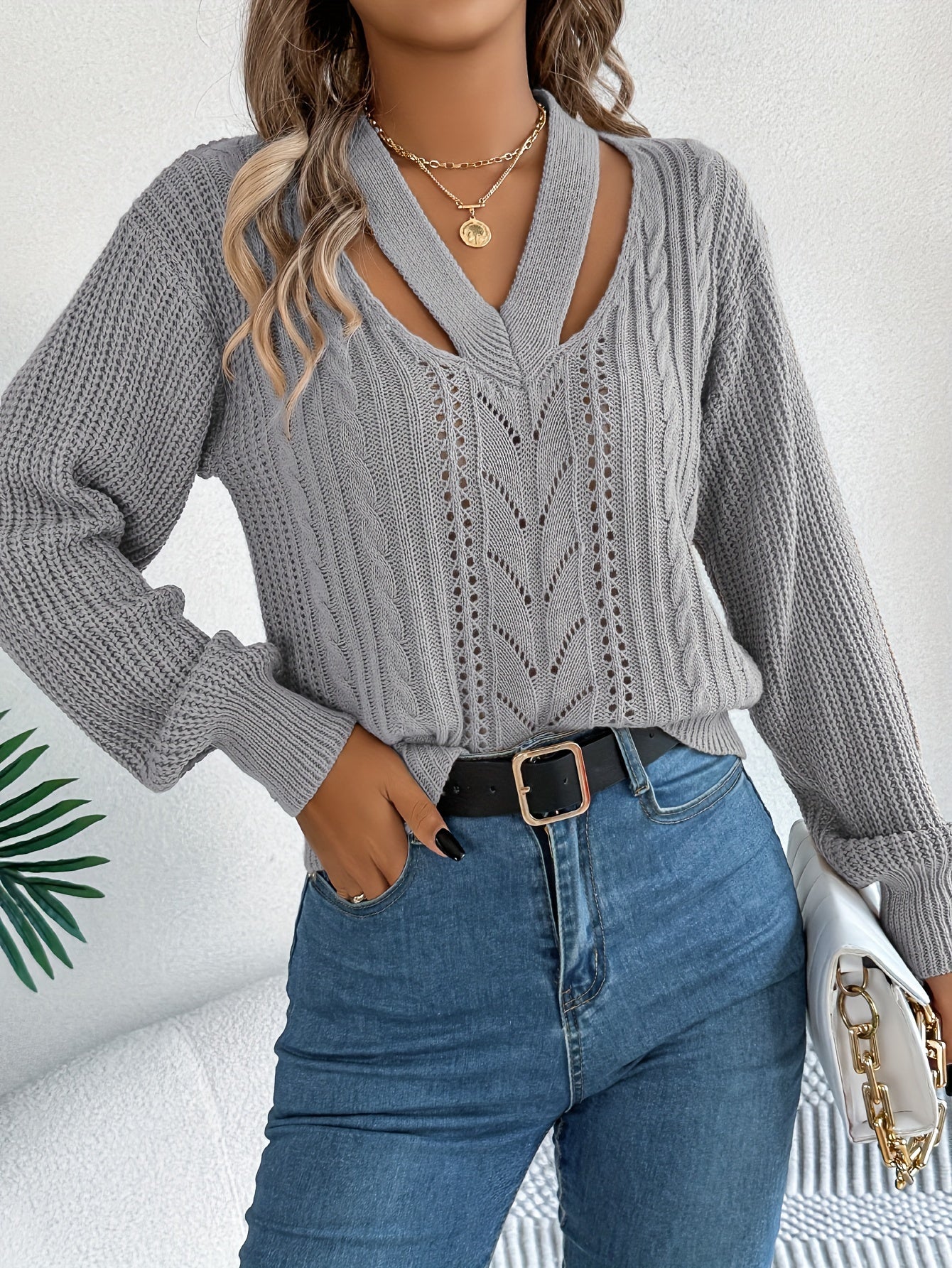 Solid Cut Out V Neck Sweater, Casual Long Sleeve Hollow Out Sweater For Fall & Winter, Women's Clothing MyFave Boutique