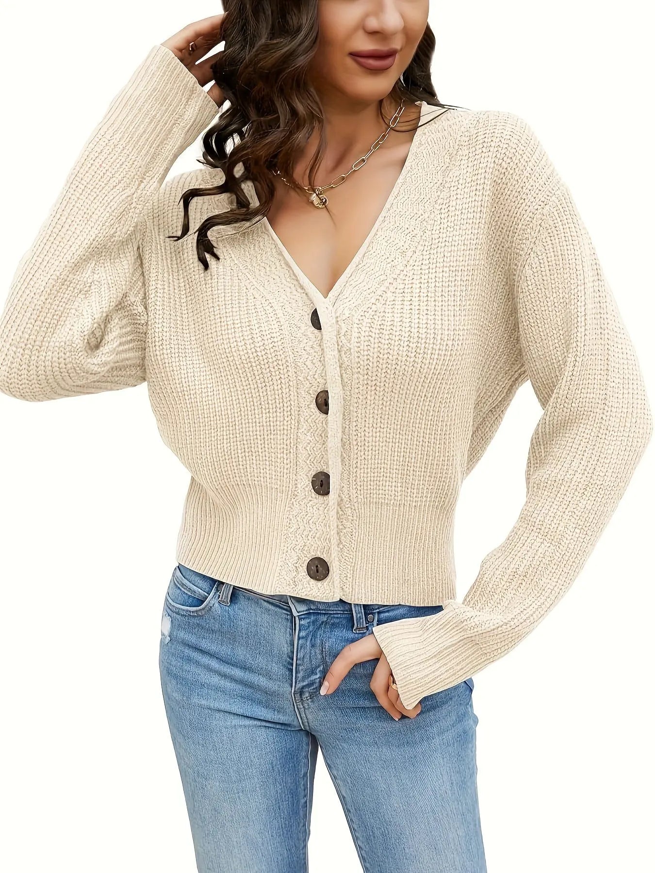 Women's Rib Knit Cropped Cardigan Sweater with Long Sleeves and V-Neck MyFave Boutique