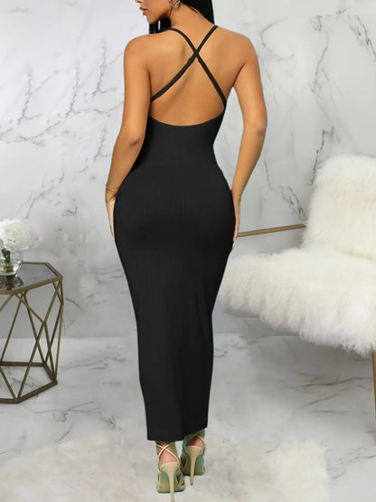 Solid Color Halter Neck Dress, Elegant Cross Back Bodycon Dress For Spring & Summer, Women's Clothing MyFave Boutique