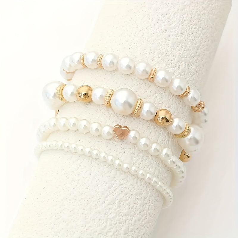 Elegant 4-Piece White Faux Pearl Beaded Bracelet Set - Handcrafted and Adjustable, in Bohemian & Vacation Style - Timeless Dainty Jewelry, Perfect for Any Occasion MyFave Boutique