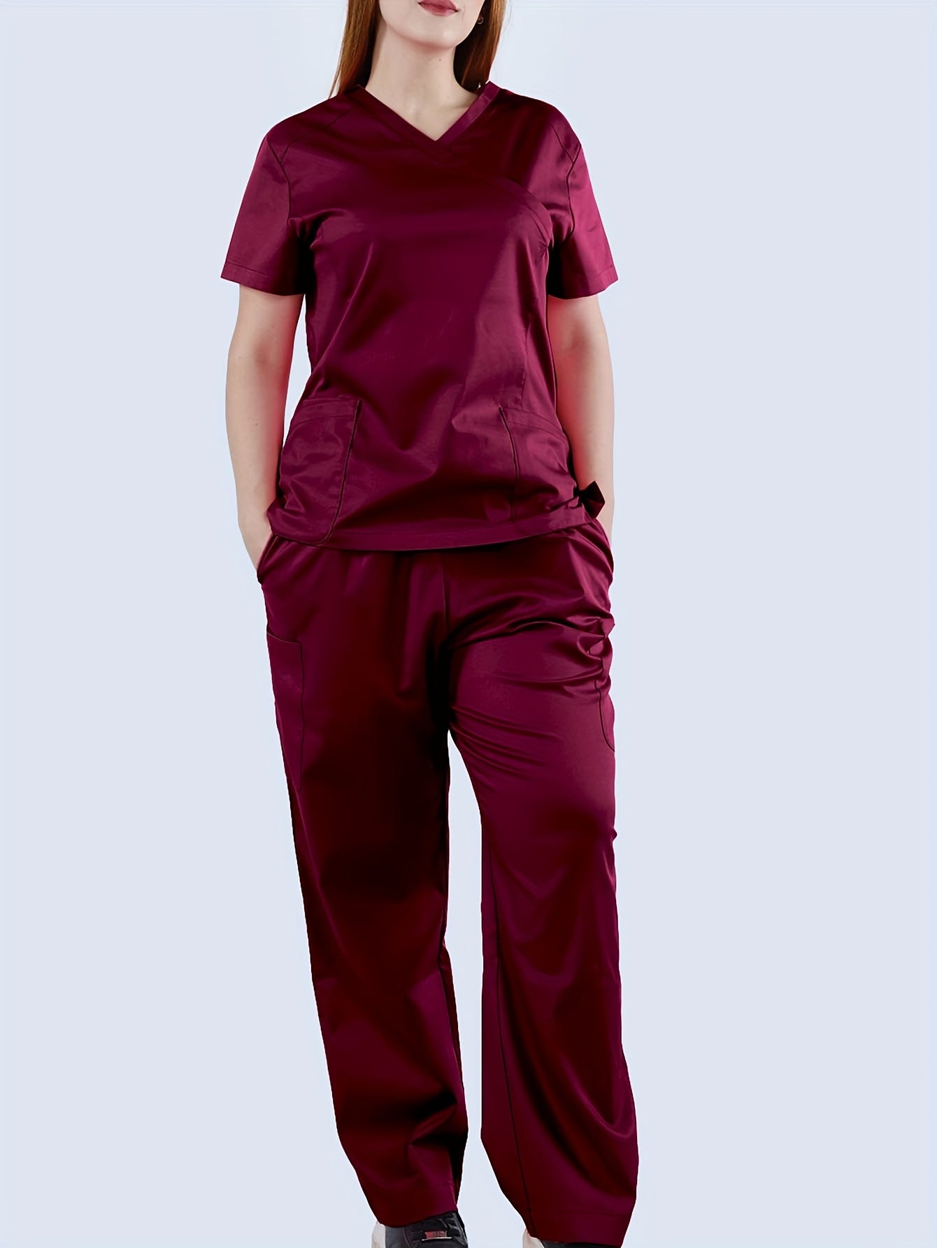 Functional Two-piece Set, V-neck Short Sleeve Pockets T-shirt & Solid Pants Outfits, Women's Clothing MyFave Boutique