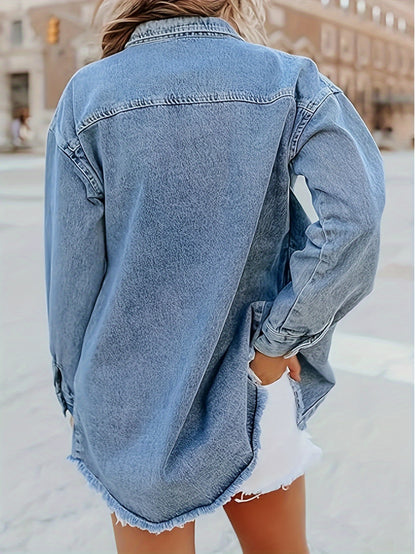 Women's Oversized Denim Jacket, Casual Long Boyfriend Distresse Jean Jacket, Suitable For Autumn & Spring MyFave Boutique