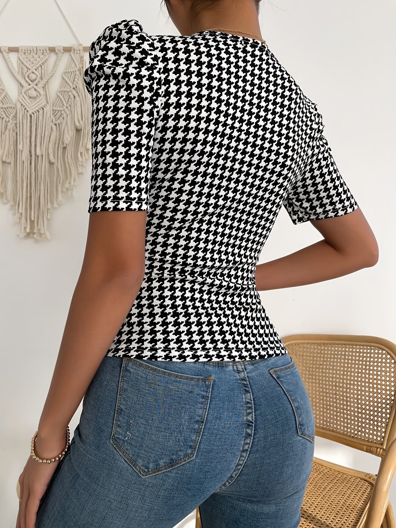 Elegant V Neck Puff Sleeve Polka Dot Print Lounge Top, Women's Slim Fit Loungewear MyFave Boutique