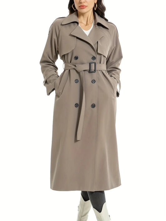 Vintage Double-Breasted Belted Trench Coat with Split Pockets, Long Sleeve Fall/Winter Women's Outwear MyFave Boutique