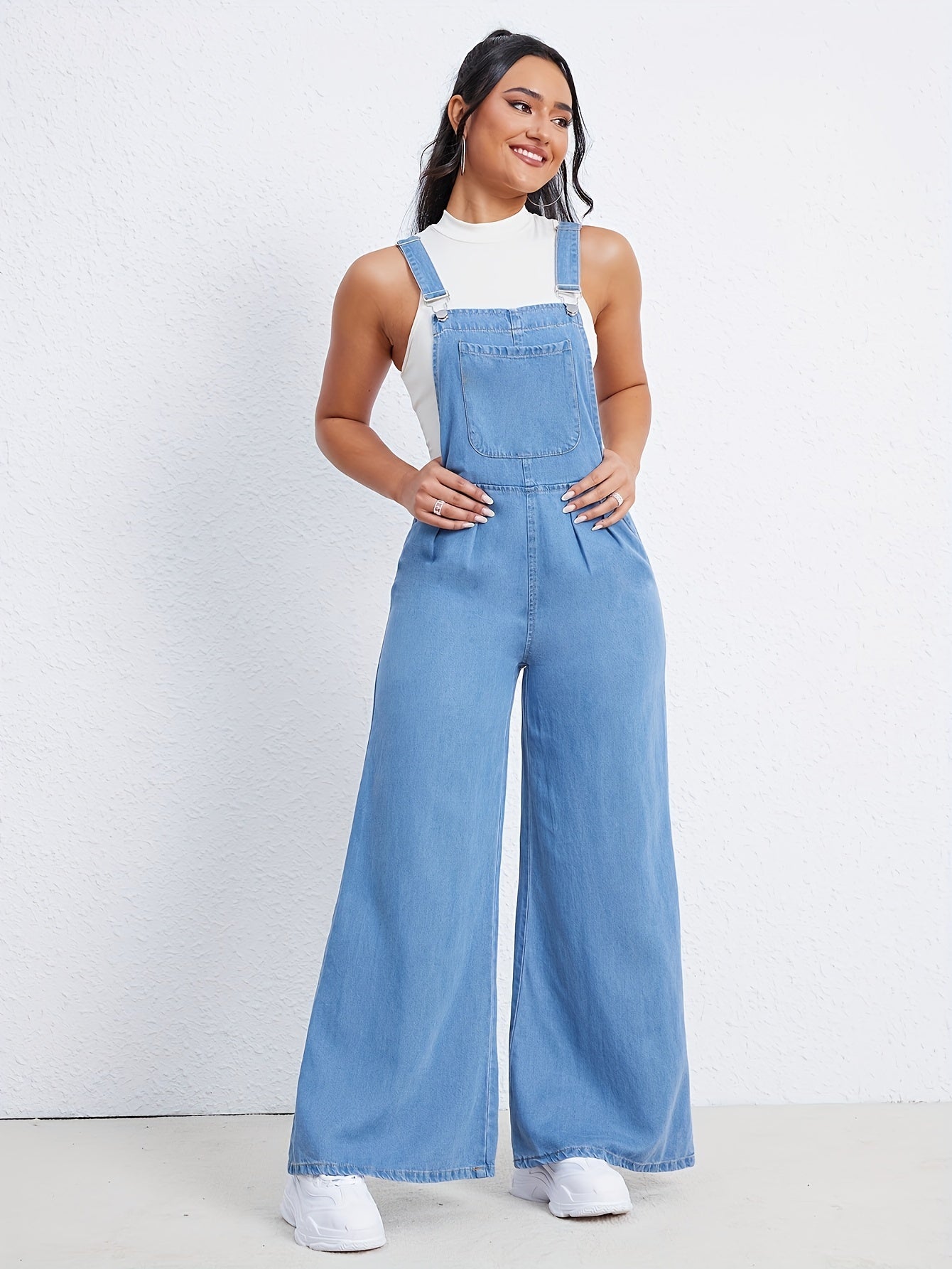 Women's Plain Washed Blue Loose Fit Casual Style Denim Dungarees Sleeveless Jeans Overalls With Side Pockets MyFave Boutique