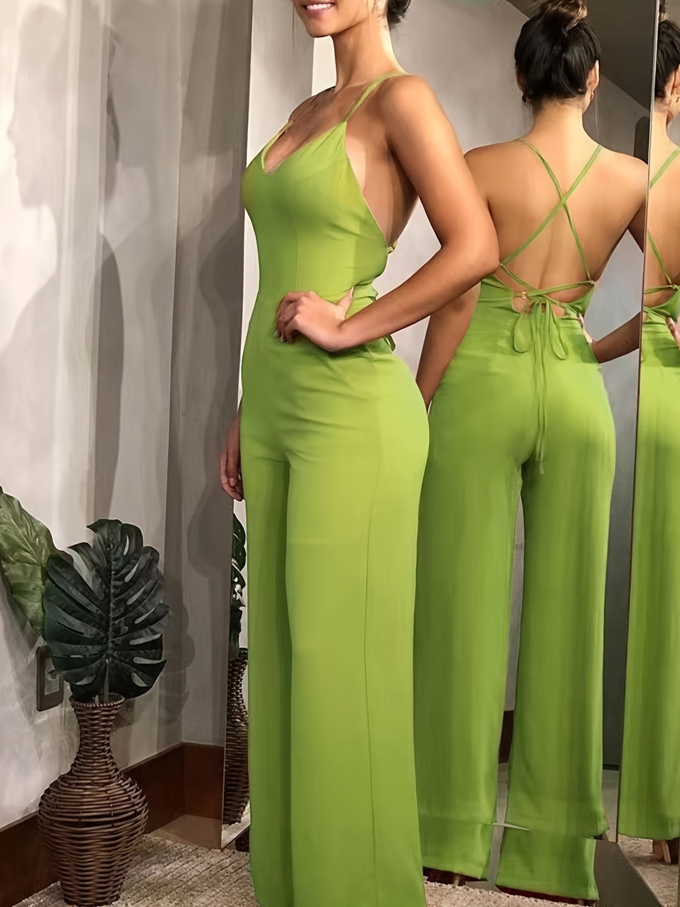 Elegant Cross Tie Back V-neck Jumpsuit for Spring & Summer, Women's Solid Backless Clothing MyFave Boutique