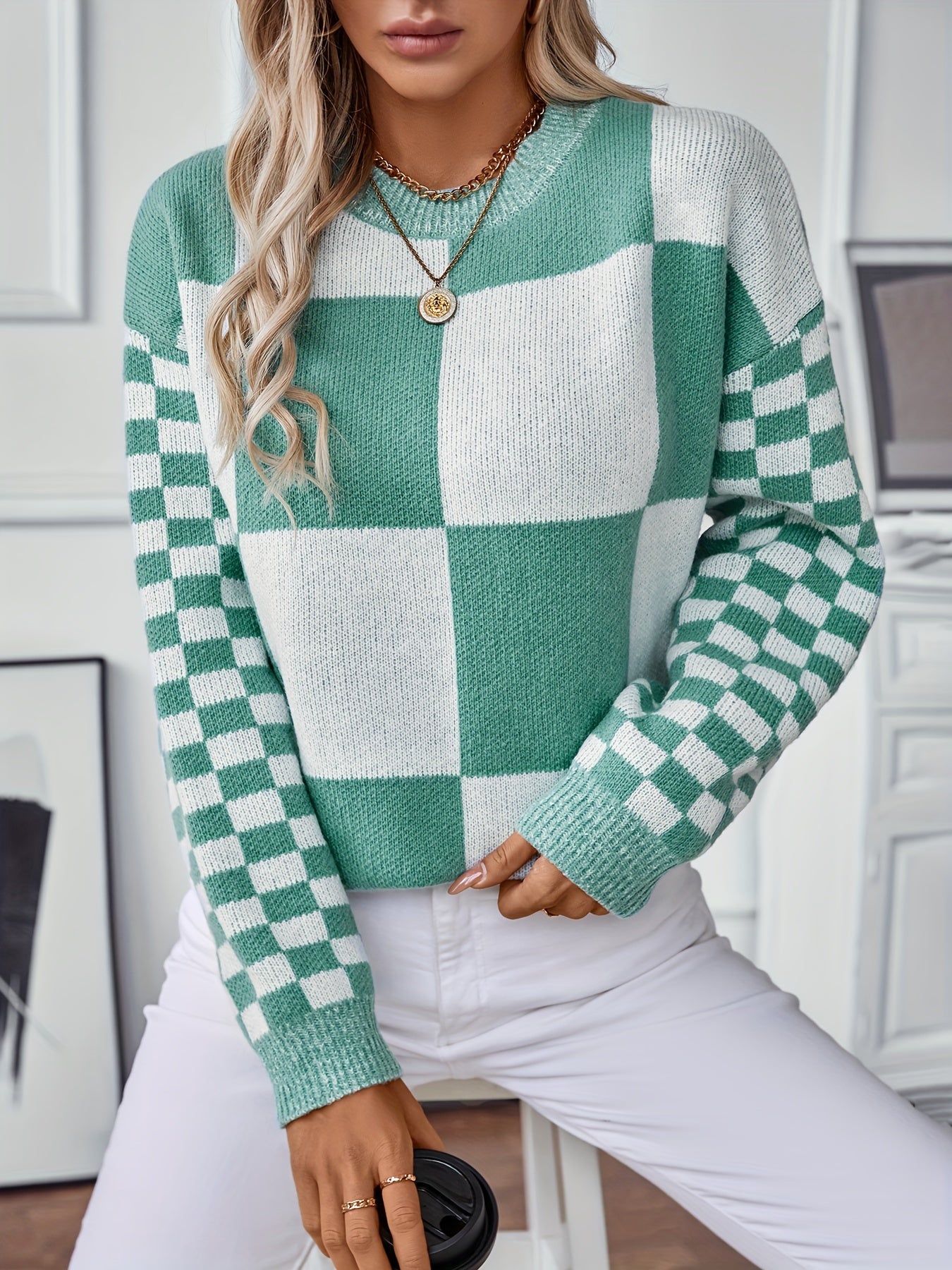 Plaid Color Block Crew Neck Sweater, Casual Long Sleeve Sweater For Fall & Winter, Women's Clothing MyFave Boutique