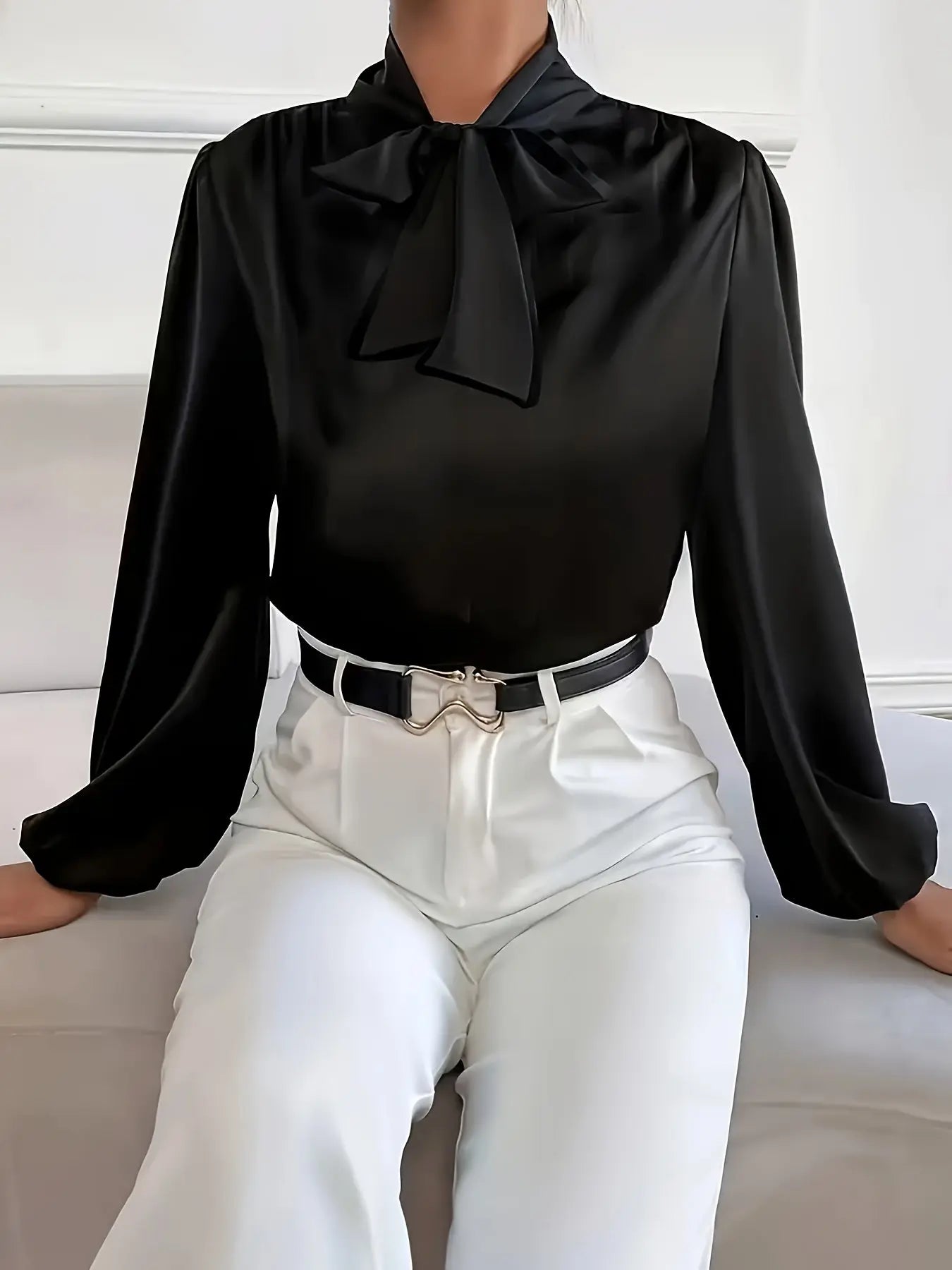 Solid Color Tie-Neck Blouse, Elegant Long Sleeve Blouse for Spring & Fall, Women's Clothing MyFave Boutique