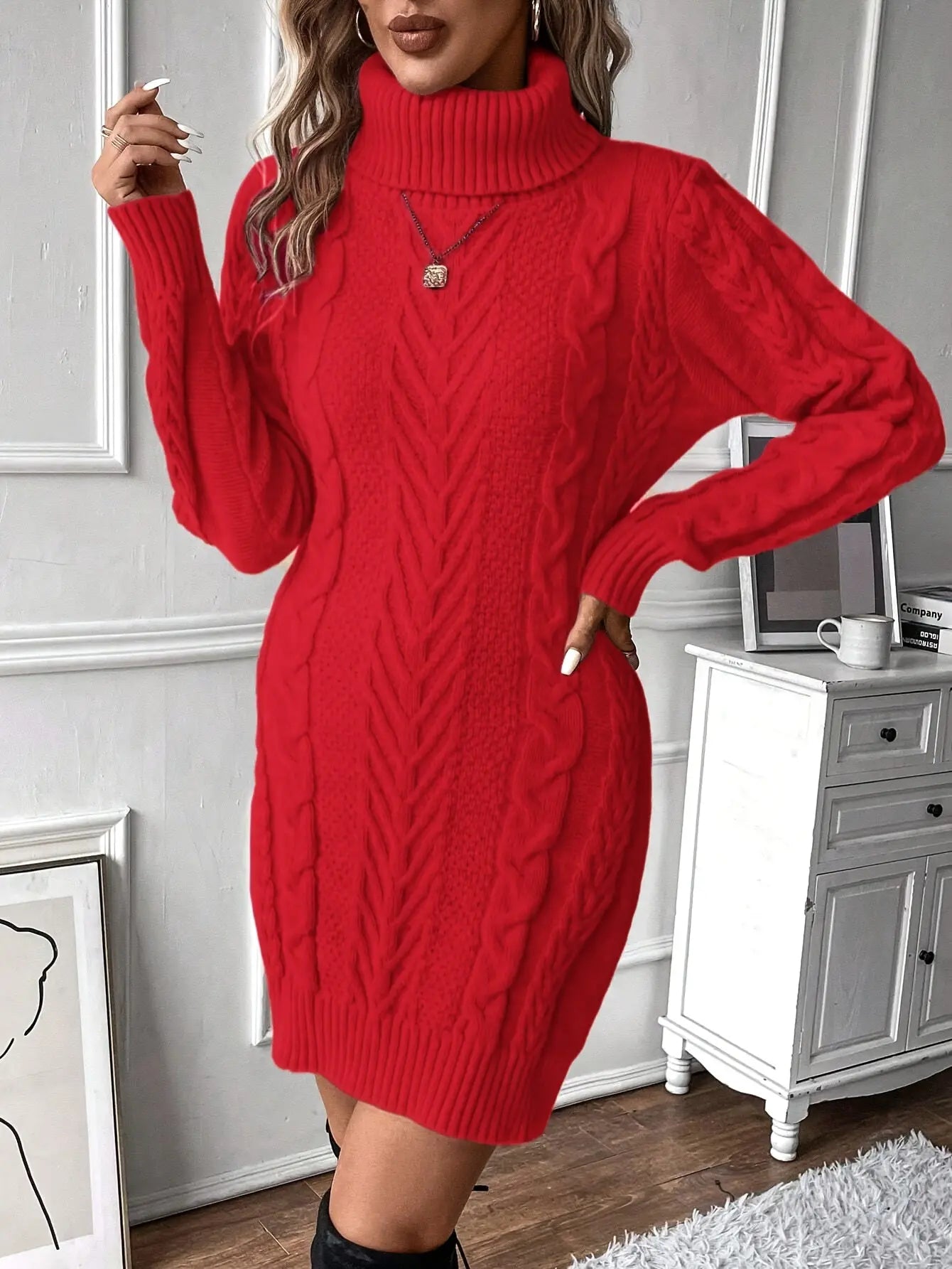 Cable Knit Turtle Neck Sweater Dress, Stylish Long Sleeve Solid Above Knee Knitted Dress For Fall & Winter, Women's Clothing MyFave Boutique