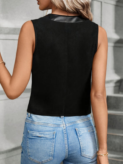 Button Front Mixed Media Vest, Elegant Solid Color V Neck Sleeveless Vest For Spring & Fall, Women's Clothing MyFave Boutique