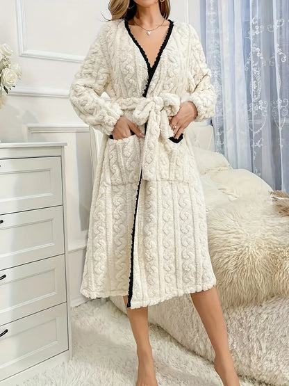 Lace Trim Fuzzy Long Sleeve V-Neck Robe with Belt and Pockets, Women's Sleepwear MyFave Boutique