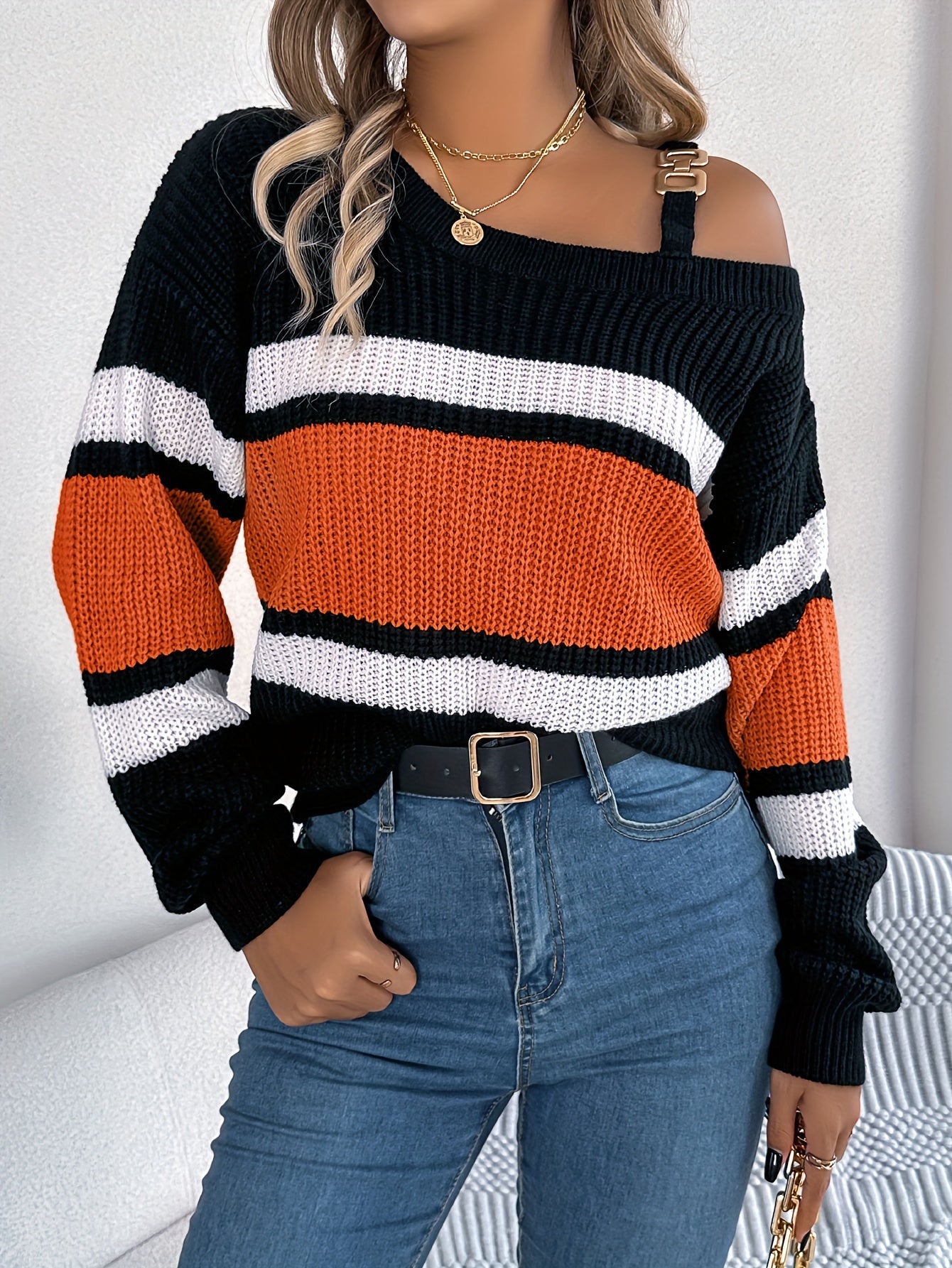 Chic Off-Shoulder Color Block Sweater with Metal Buckle Detail - Casual Long Sleeve Knit for Women, Perfect for Fall/Winter MyFave Boutique