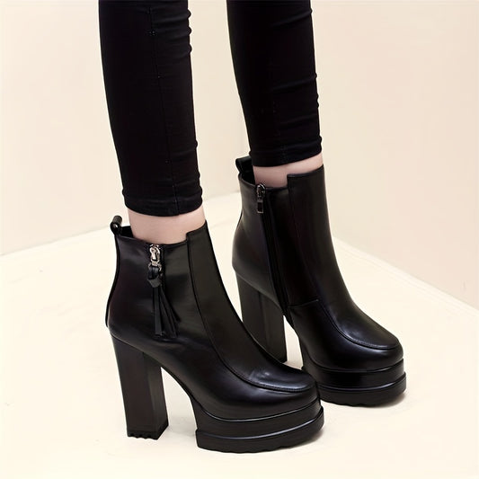 Women's Solid Color Block Heeled Boots, Fashion Side Zipper Dress Boots, Stylish Faux Leather Boots MyFave Boutique