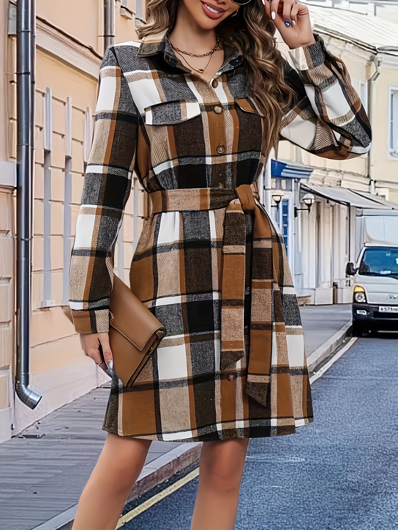 Plaid Print Belted Dress, Casual Single Breasted Long Sleeve Dress For Spring & Fall, Women's Clothing MyFave Boutique