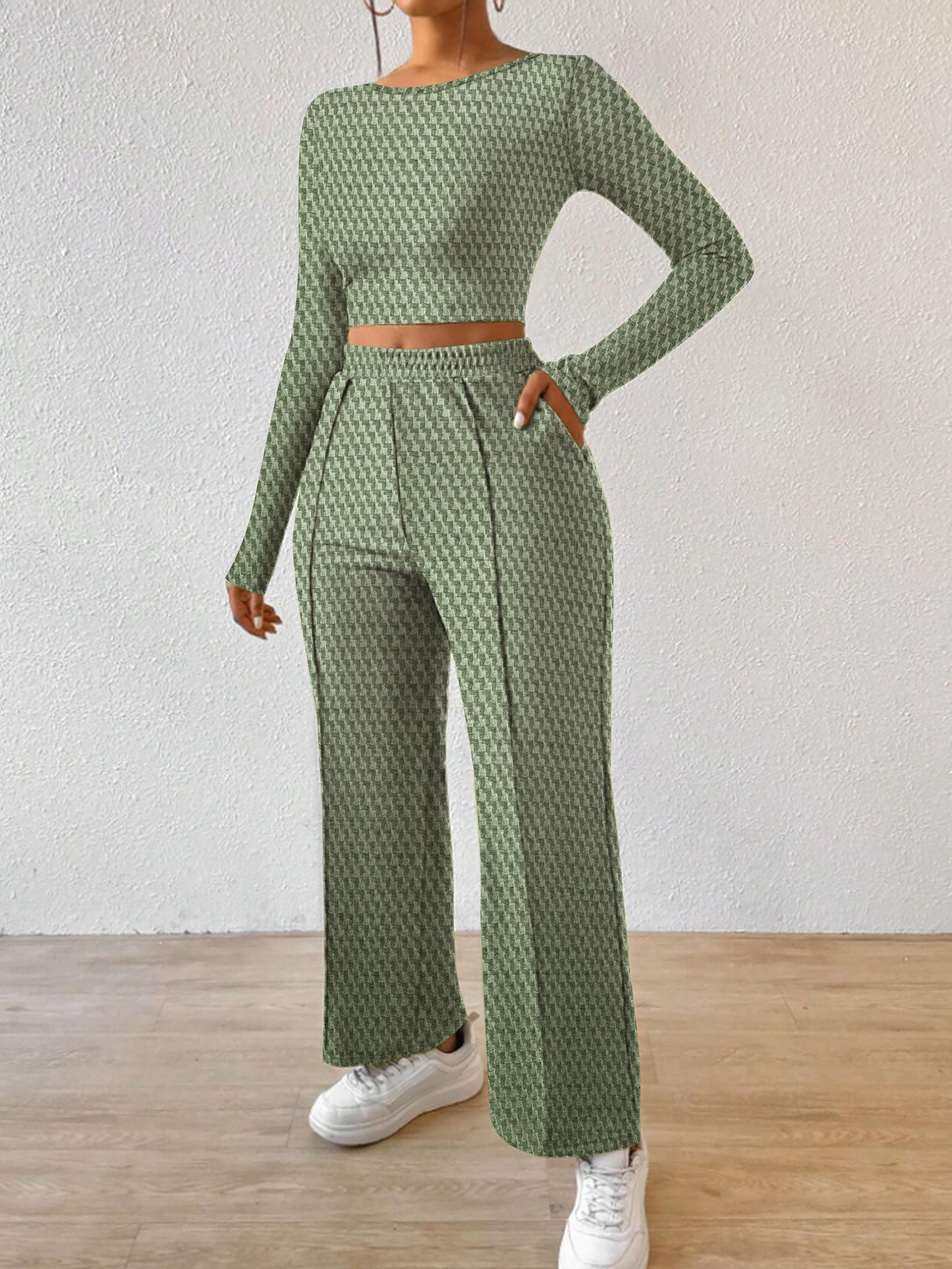 Solid Color Elegant Set, Crew Neck Long Sleeve Top & Pocket Pintuck Straight Leg Pants, Women's Clothing MyFave Boutique