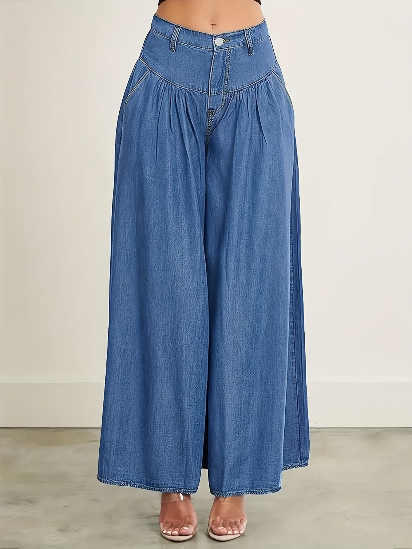 Plain Washed Blue Loose Fit Pleated Wide Leg Denim Pants, Women's Denim Jeans & Clothing MyFave Boutique