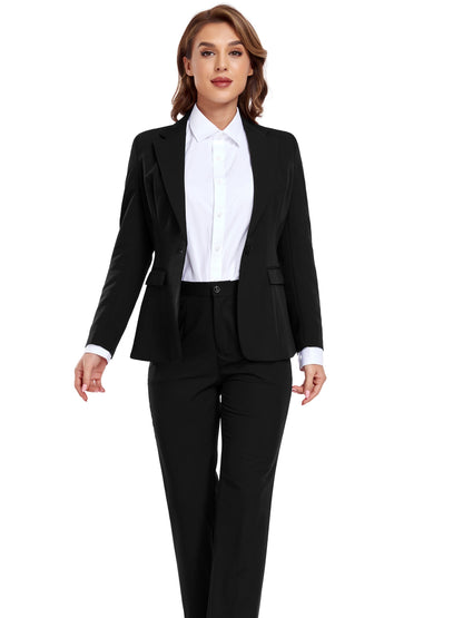 Casual Solid Slim Fit Office Two-piece Blazer Set, Long Sleeve Button Front Blazer & Skinny High Waist Pants Outfits, Women's Clothing MyFave Boutique