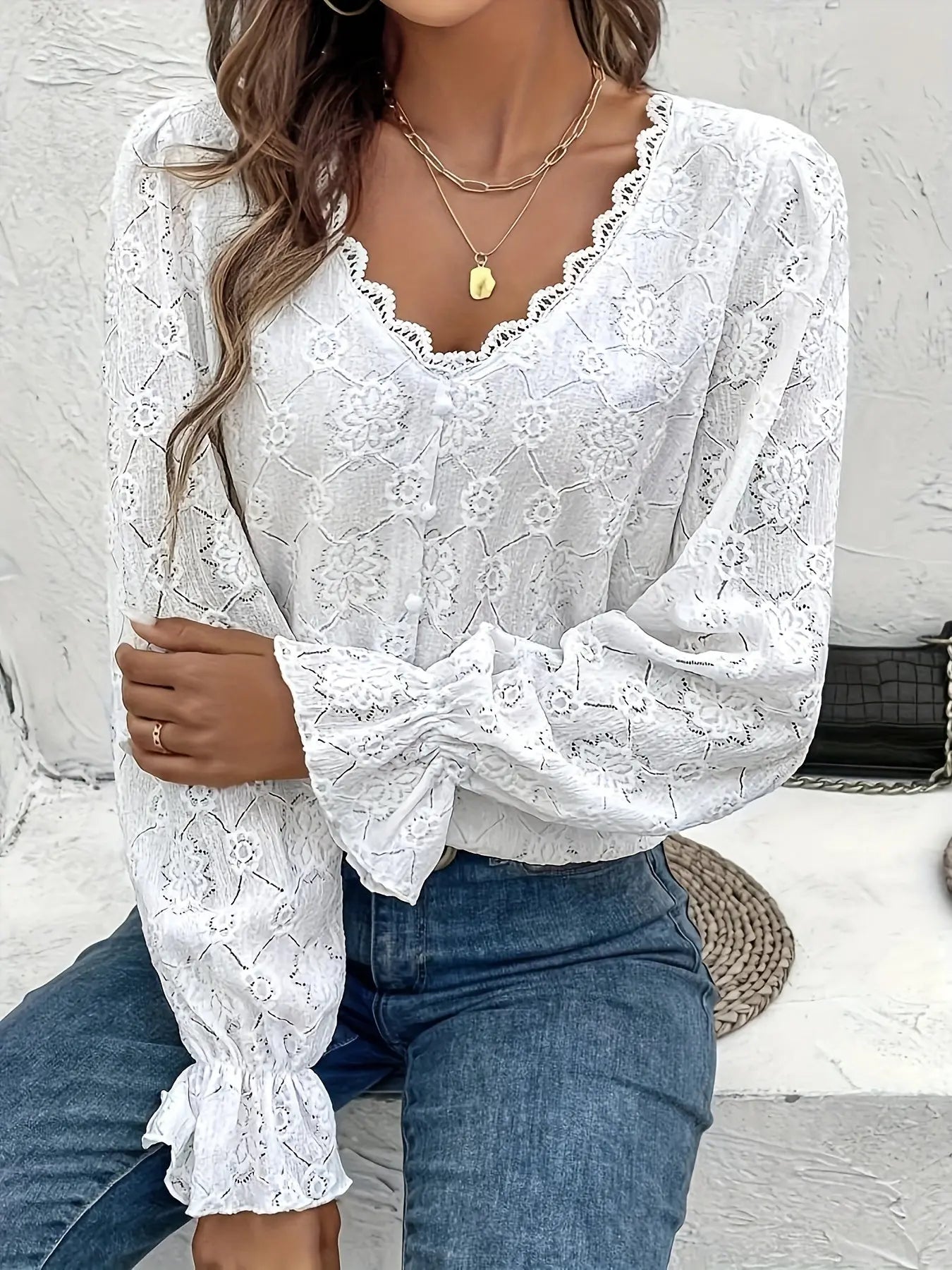 Floral Lace Single Breasted V-neck Blouse, Elegant Long Sleeve Loose Blouse For Spring & Fall, Women's Clothing MyFave Boutique