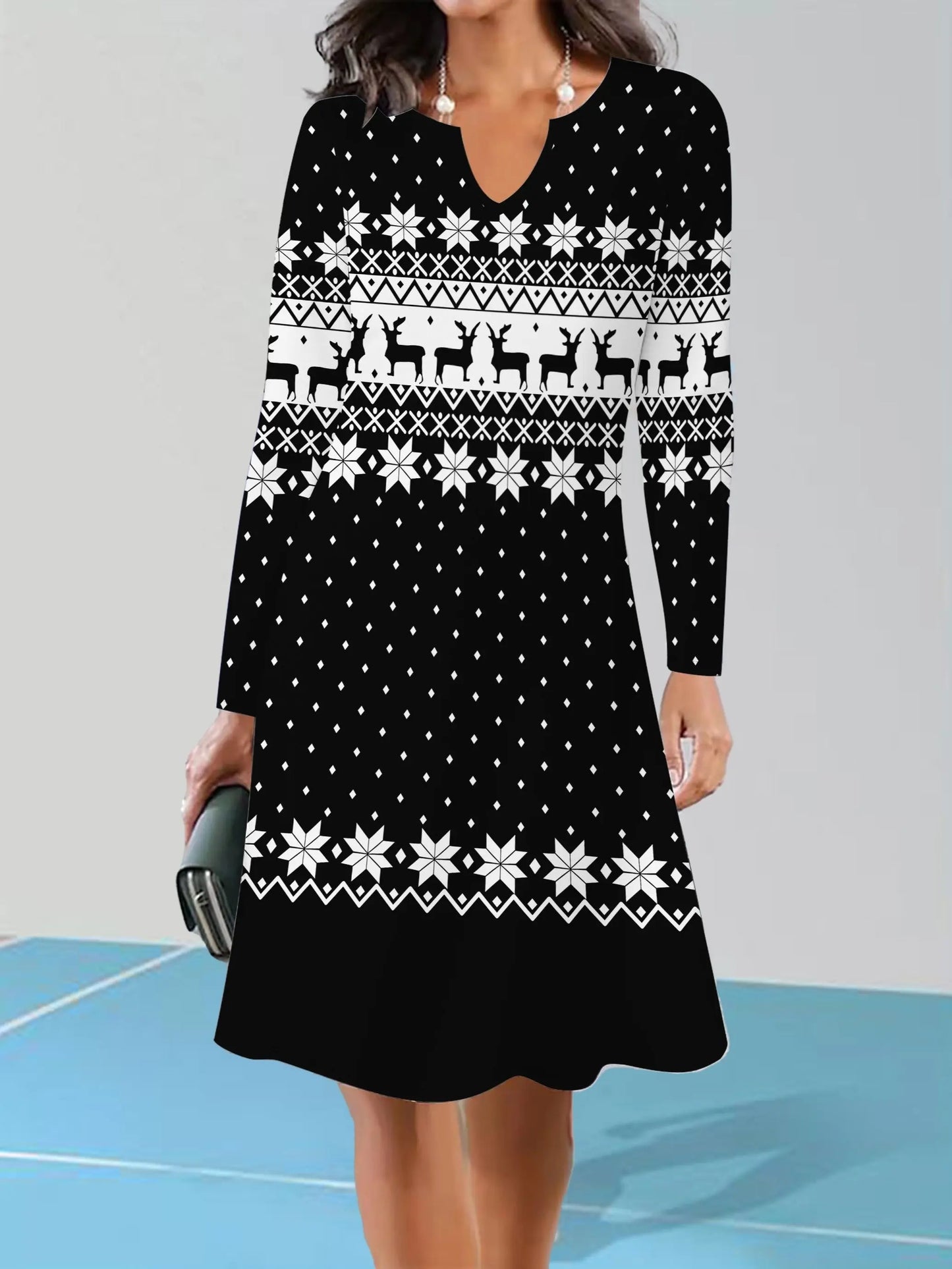 Women's Christmas Elk & Snowflake Print V-Neck Long Sleeve Knit Dress - Cozy Autumn/Winter Casual Sweater Dress MyFave Boutique