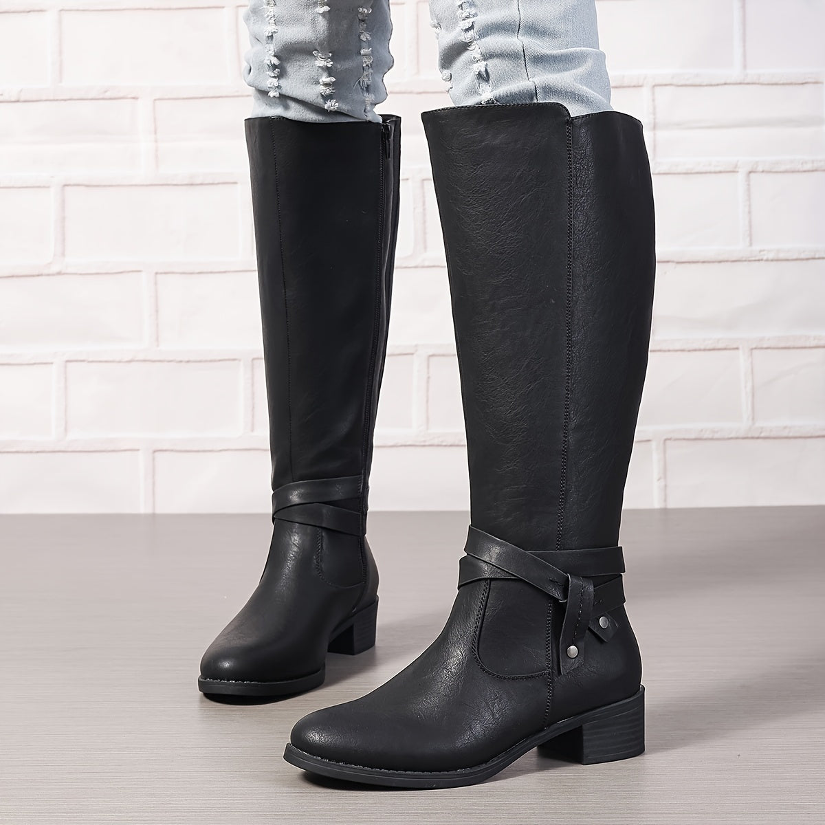 Women's Side Zipper Long Boots, Solid Color Crisscross Buckle Design Boots, All-Match Chunky Low Heeled Boots MyFave Boutique