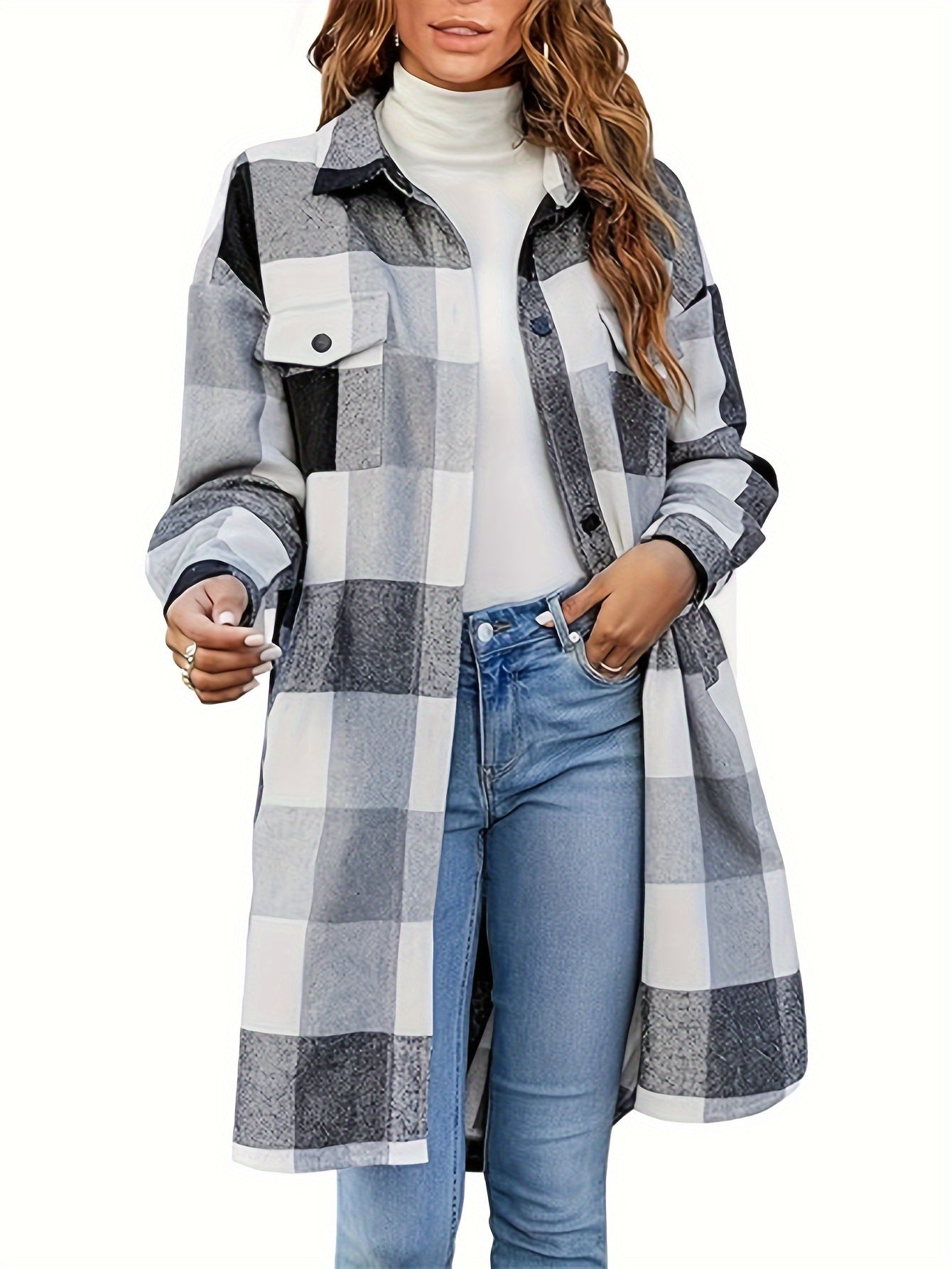 Plaid Print Button Up Shirt Jacket, Casual Turndown Collar Mid Length Outwear With Pocket, Women's Clothing MyFave Boutique