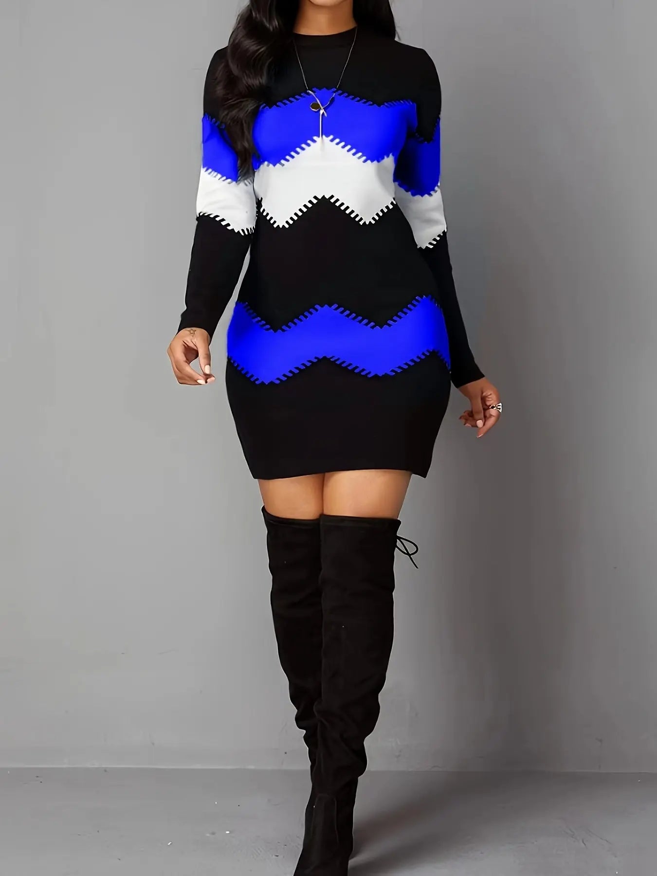 Women's Retro-Inspired Stretchy Bodycon Dress with Geometric Print - Long Sleeve, Crew Neck, Machine Washable MyFave Boutique