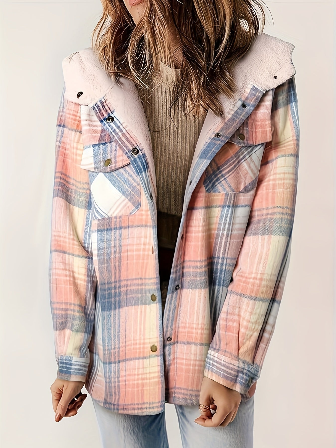 Plaid Pattern Zip Up Jacket, Casual Hooded Long Sleeve Warm Outwear, Women's Clothing MyFave Boutique