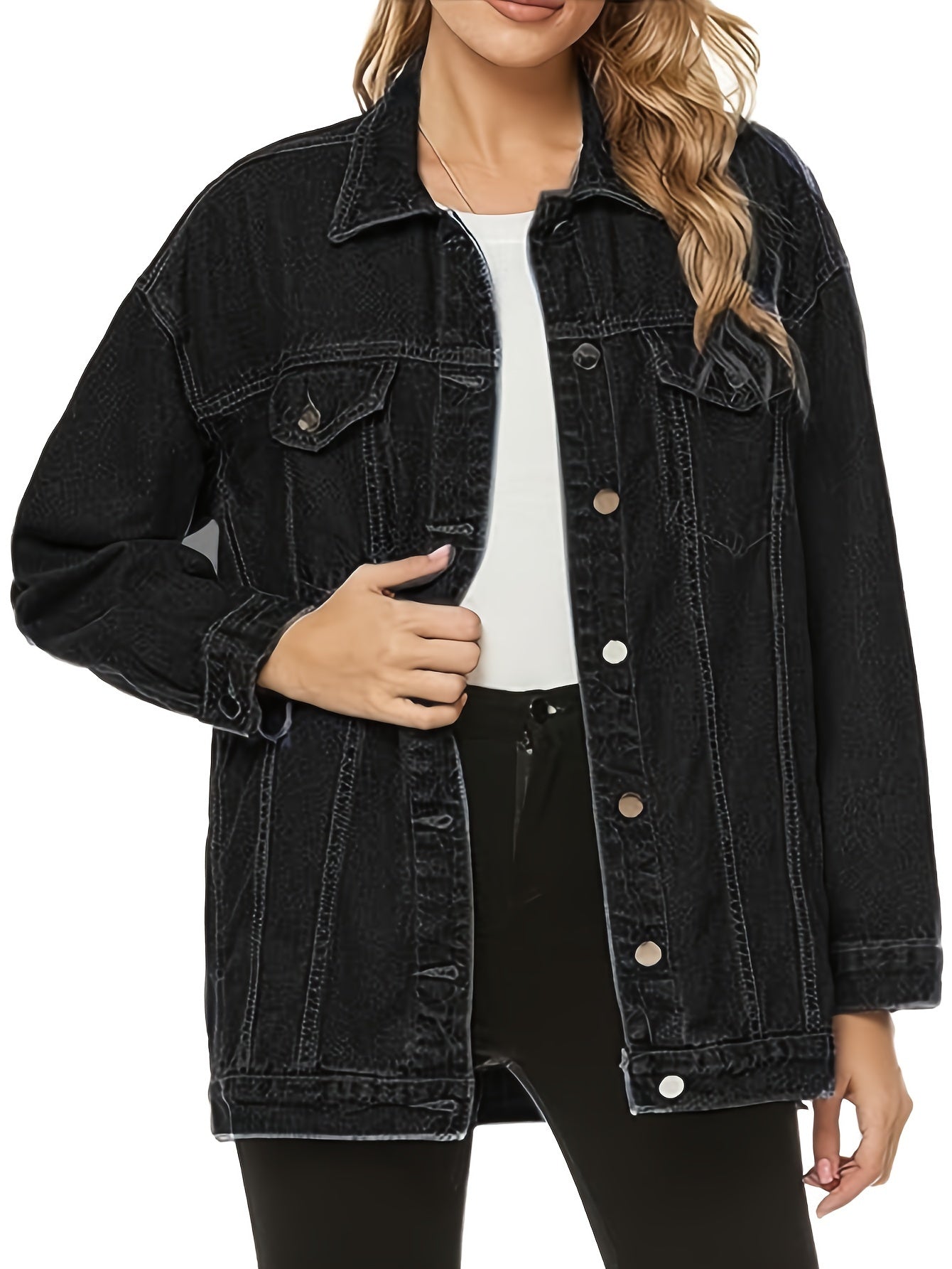 Women's Denim Jacket With A Lapel, Buttoned Long Sleeves And Pocketed Denim Coat MyFave Boutique