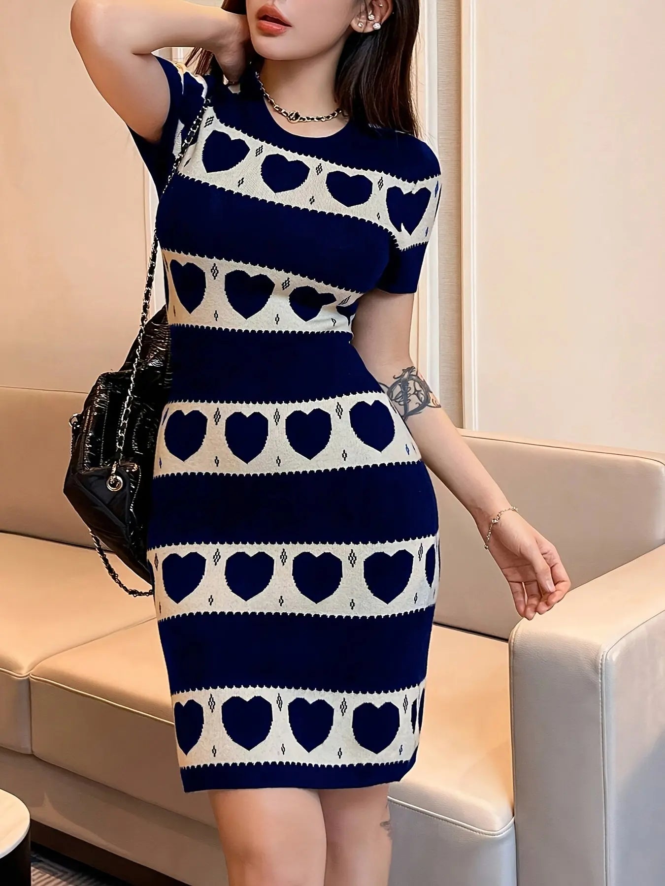 Heart Pattern Knitted Short Sleeve Dress, Casual Crew Neck Color Block Sweater Dress For Spring & Summer, Women's Clothing MyFave Boutique