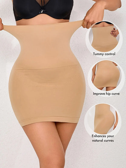 Women's Elegant High-Waist Tummy Control Half Slip Shaper with Hip Curve Enhancement, Solid Color Knit Skirt, Polyamide Blend (85% Polyamide, 15% Elastane), Single Pack MyFave Boutique