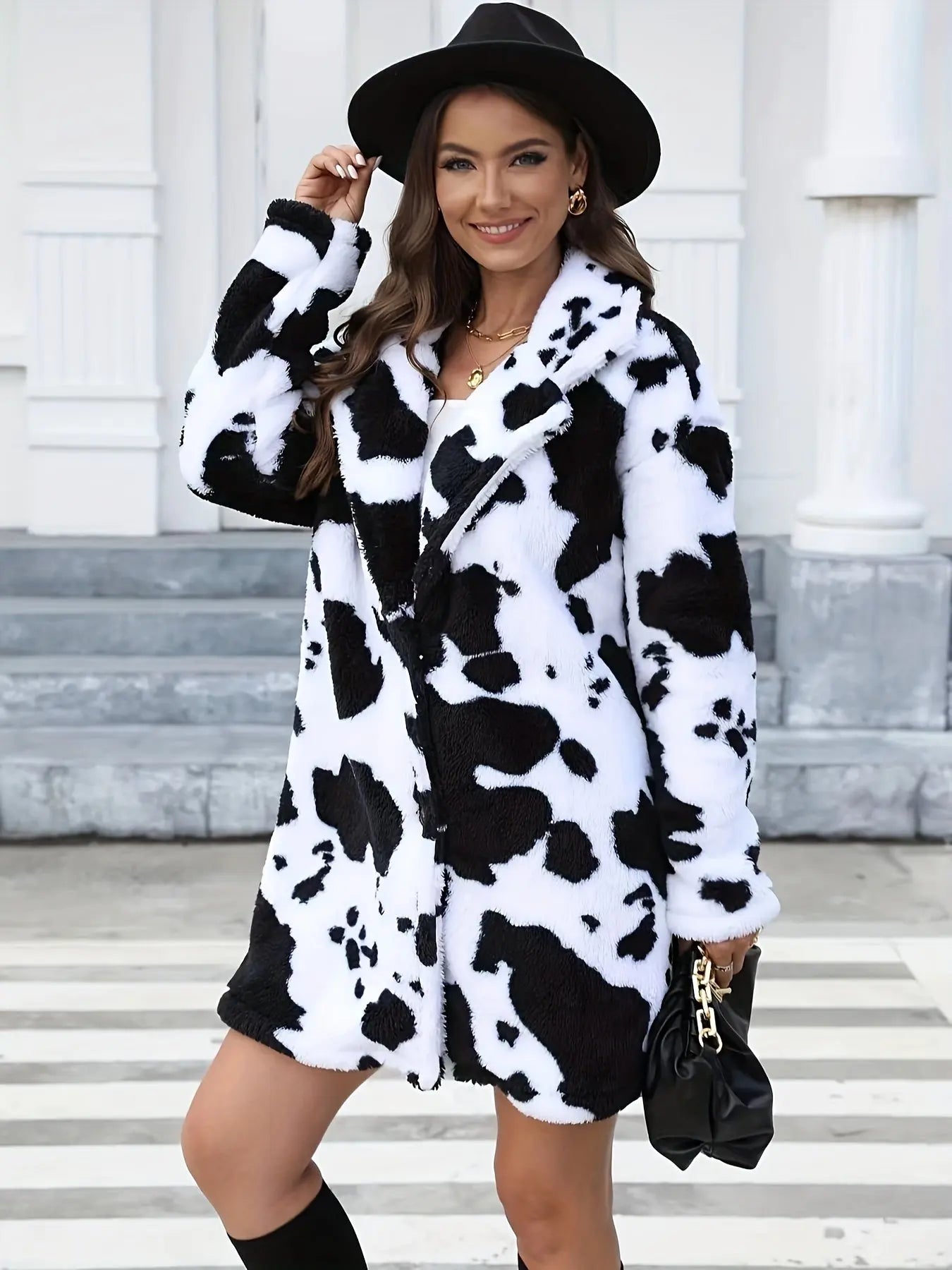 Women's Dalmatian Print Thermal Long Sleeve Lapel Coat, Fall & Winter Plush Coat MyFave Boutique