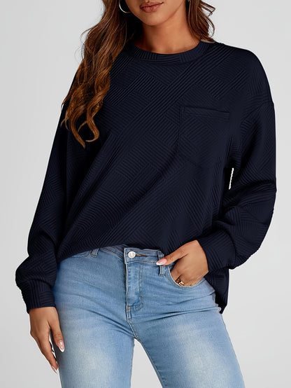 New Fashion Autumn/Winter Women's Casual Texture Long Sleeve Top Loose Commuter Round Neck Hoodie With Pocket MyFave Boutique