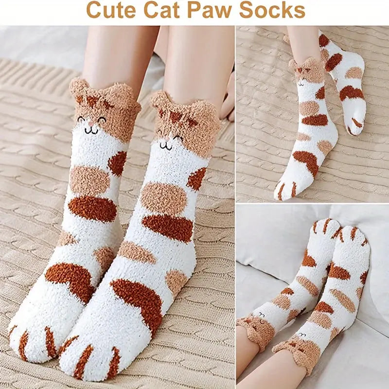 Women's Cozy Cartoon Cat Claw Slipper Socks - 5 Pairs, Knee-Length, Polyester and Spandex Blend, Warm Plush Coral Fleece, Knit Fabric, Home Lounge Winter Fluffy Socks - Hand Wash/Dry Clean MyFave Boutique