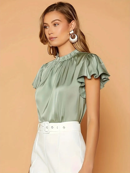 Elegant Butterfly Sleeve Plicated Detail Blouse with Keyhole Back, Women's Clothing MyFave Boutique