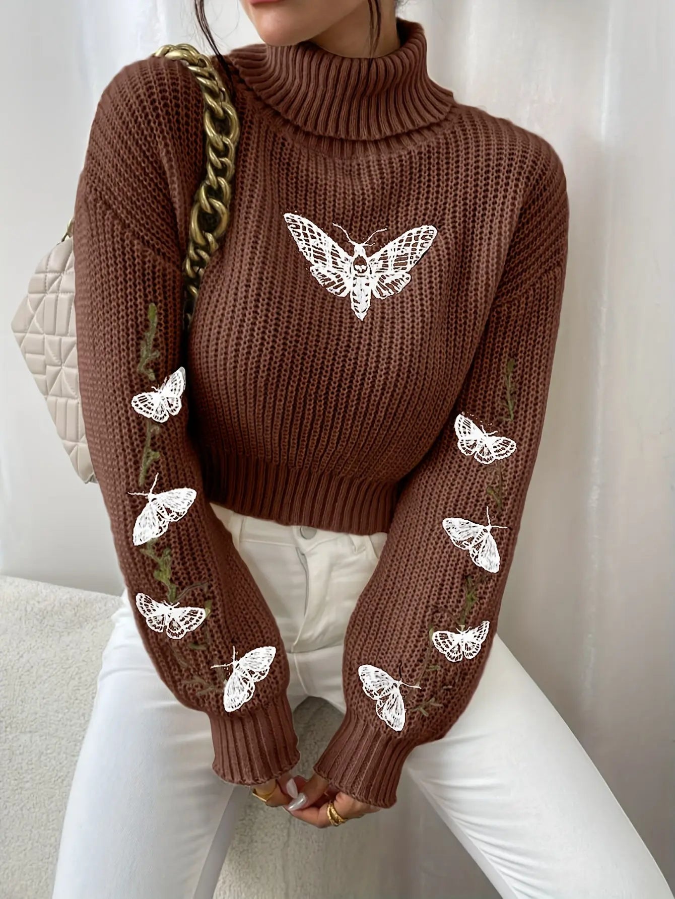 Butterfly Print Turtle Neck Long Sleeve Crop Sweater for Women MyFave Boutique