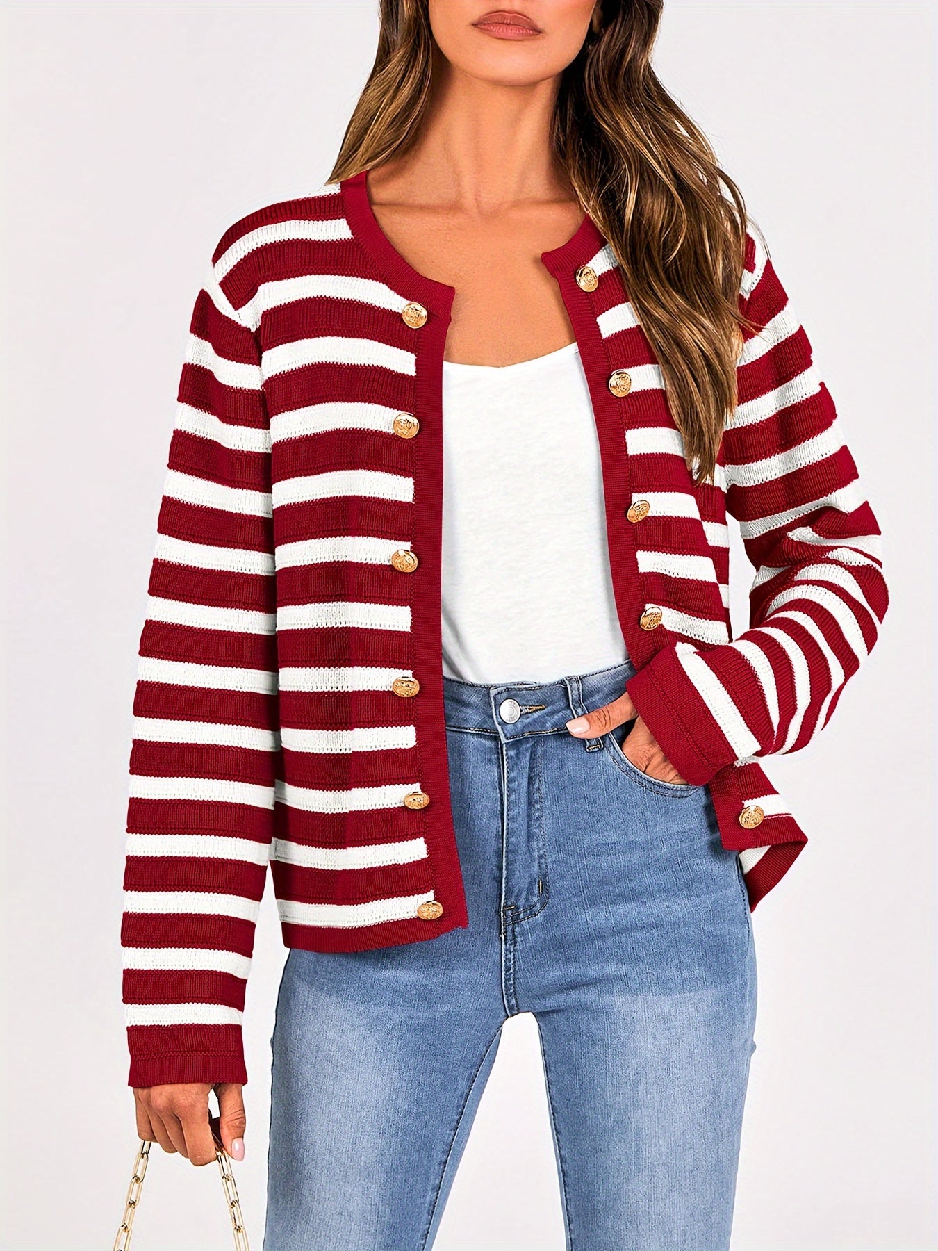 Striped Button Front Knit Cardigan, Elegant Crew Neck Long Sleeve Cardigan For Spring & Fall, Women's Clothing MyFave Boutique